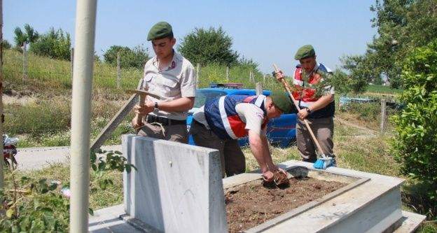 Jandarma ekipleri, şehit mezarını yeniledi